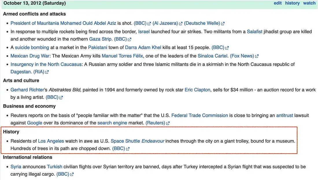 Wikipedia current events entry about Space Shuttle Endeavour moving through Los Angeles