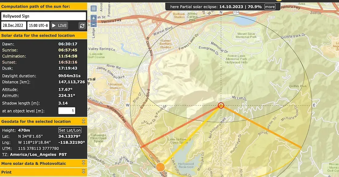 SunCalc map showing the sun direction from the Hollywood sign