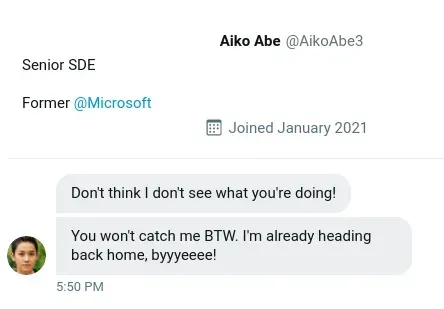 Aiko Abe profile and messages saying she is heading home