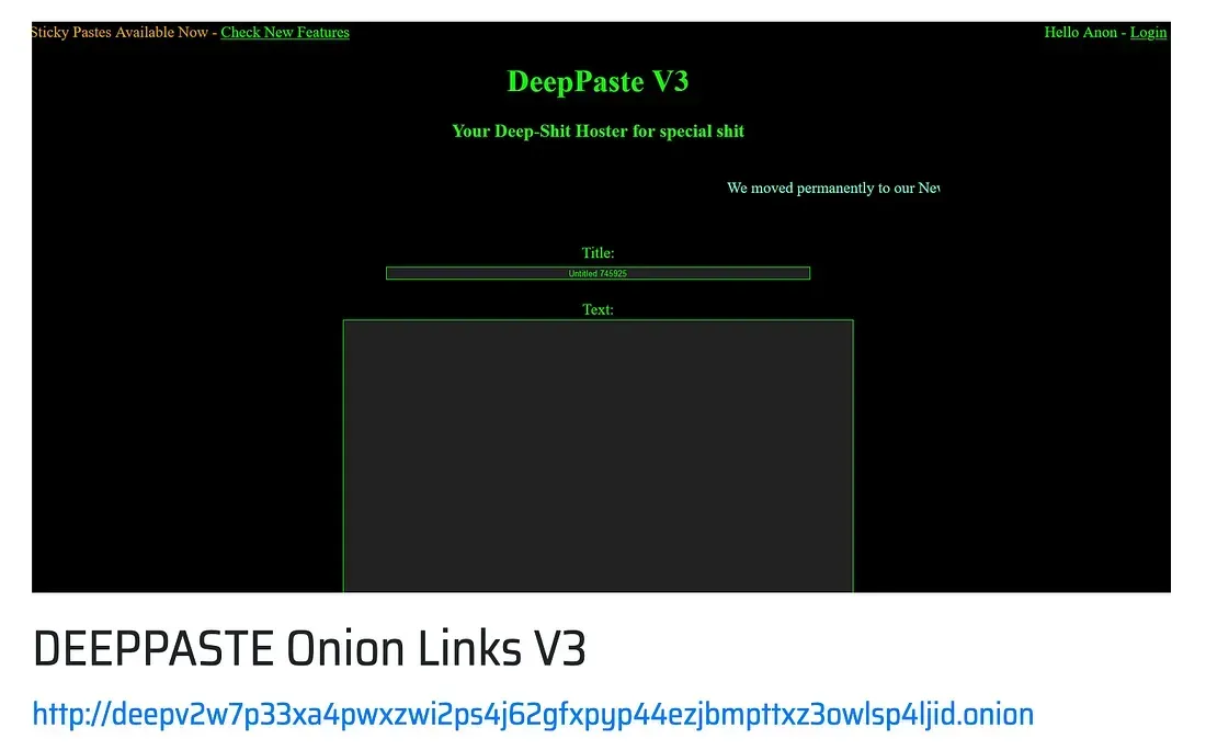 Search result identifying the DeepPaste V3 onion service