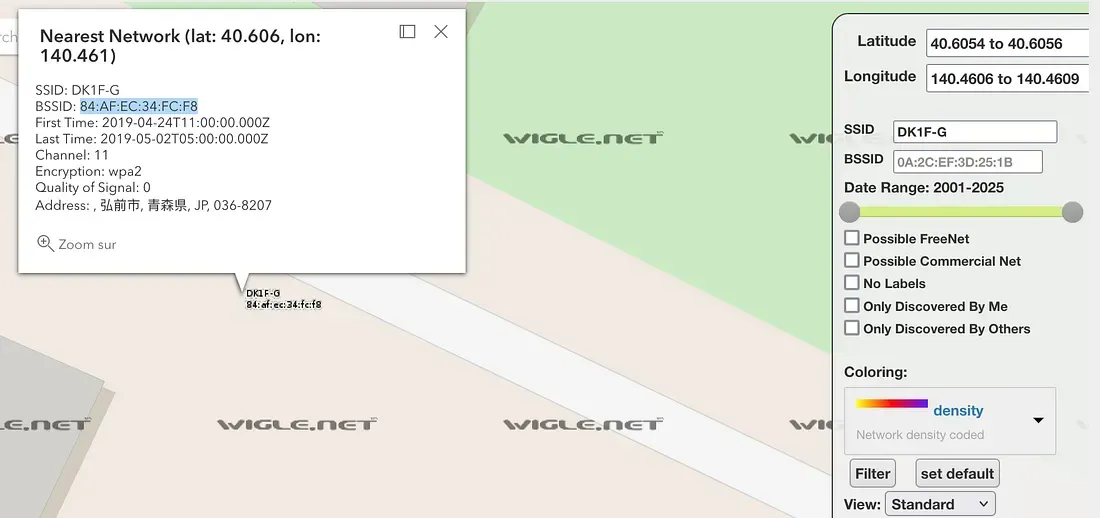 WiGLE map result locating the DK1F-G wireless network in Hirosaki