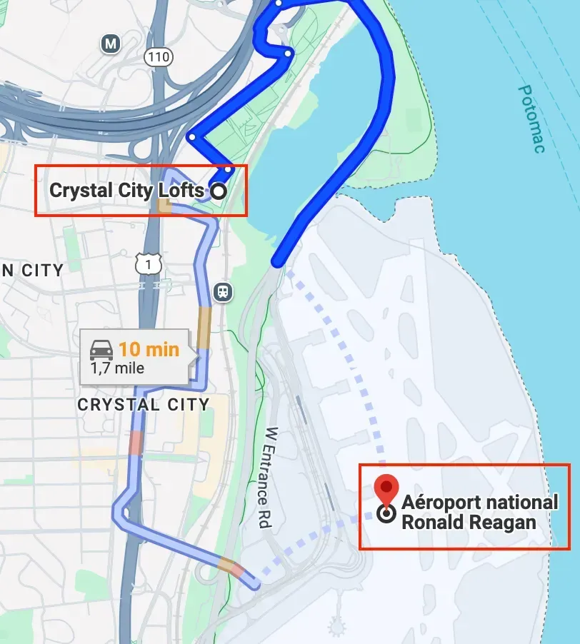Map route from Ronald Reagan Airport to Crystal City Lofts
